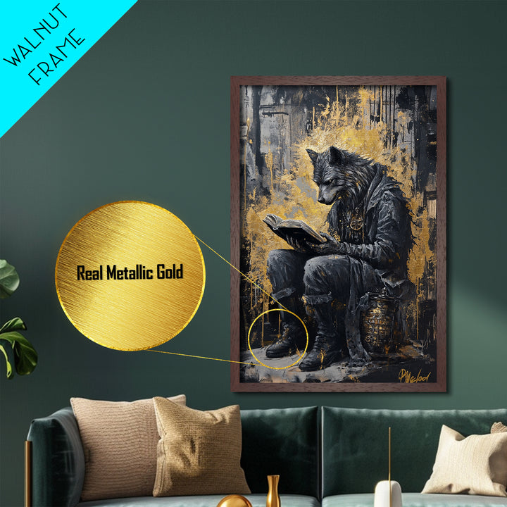 Haunted Wolf Scholar Reading Book | Spooky Halloween Gothic Metallic Gold Art | Framed Metal Art In Natural Real Wood
