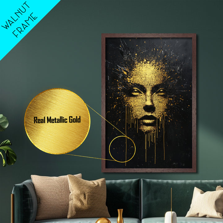 Golden Text Face Explosion | Spooky Horror Portrait Metallic Gold Art | Unique Metal Art Design Framed In Solid Wood