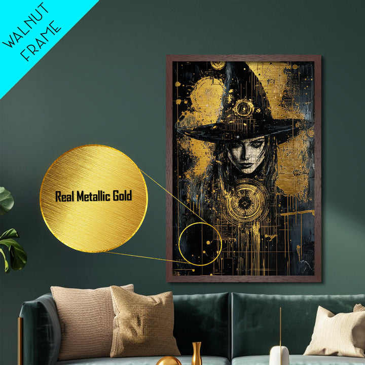 Witch In Gothic Hat With Symbols | Witchy Halloween Decor Metallic Gold Art | Intricate Metal Art Piece With Wood Frame