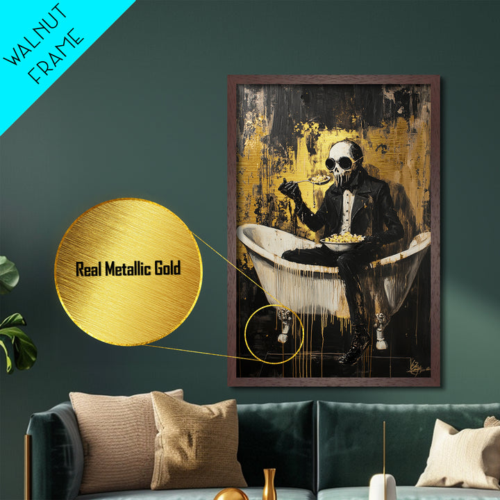 Skeleton Gentleman In Bathtub Eating | Dark Halloween Horror Metallic Gold Art | Macabre Metal Art Framed In Solid Wood