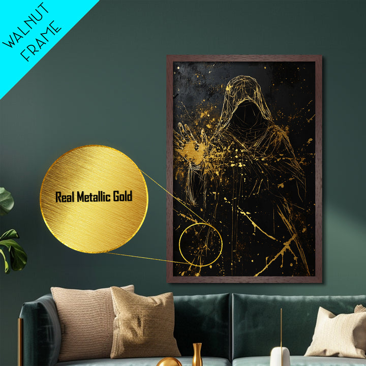 Hooded Sorcerer Metallic Gold Art, Spooky Gothic Metal Art, Haunted Season Wall Hanging Framed in Real Wood
