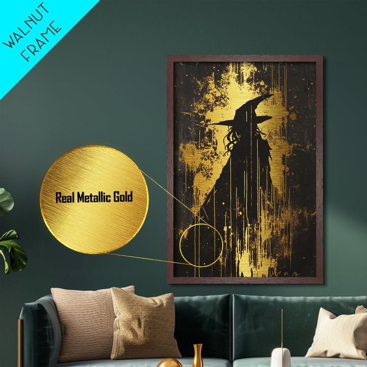 Witch Silhouette With Dripping Paint | Gothic Haunted Halloween Metallic Gold Art | Striking Metal Art Framed In Real Wood