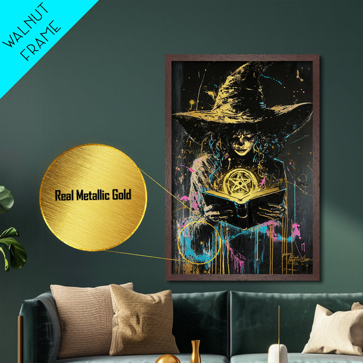 Witchy Spell Book Metallic Gold Art Metal Art | Spooky Halloween Wall Decor Framed In Real Wood For Gothic Home Style