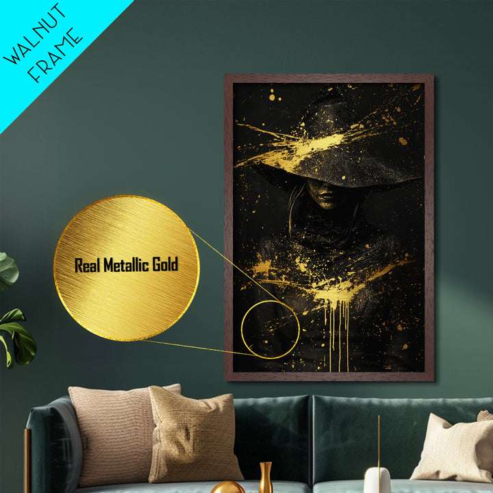 Haunted Witch Portrait Metal Art Metallic Gold Art | Creepy Halloween Wall Hanging With Natural Wood Frame