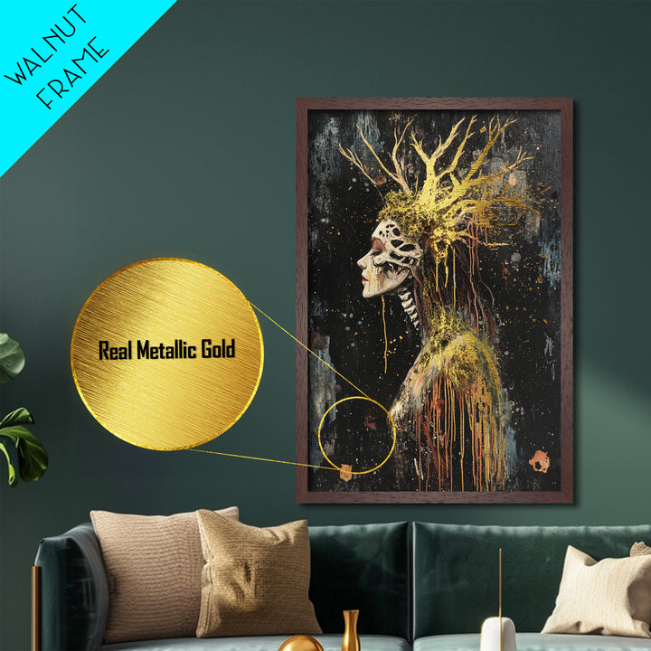 Skeleton Forest Queen Metallic Gold Art Metal Art | Gothic Halloween Decor With Real Wood Framing For Spooky Season