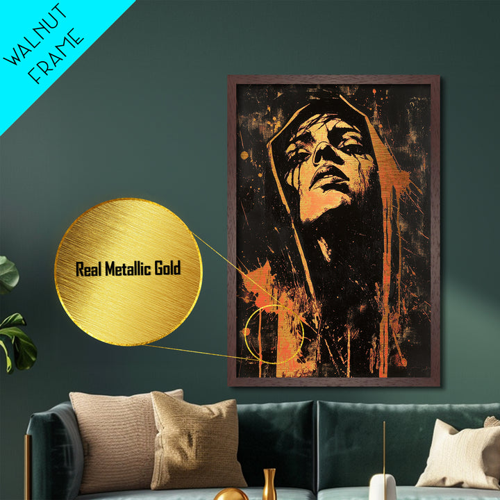 Blood Moon Hooded Woman Metal Art Metallic Gold Art | Dark Gothic Halloween Wall Decor Mounted In Real Wood Frame
