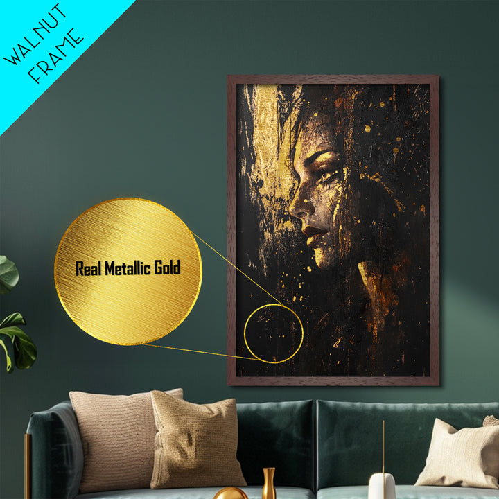 Dark Sorceress Profile Metallic Gold Art Metal Art | Spooky Gothic Halloween Wall Art In Stained Real Wood Frame