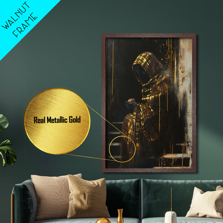 Haunted Hooded Figure Metallic Gold Art, Gothic Horror Metal Art with Pumpkin Bun, Framed in Real Wood for Spooky Halloween Decor