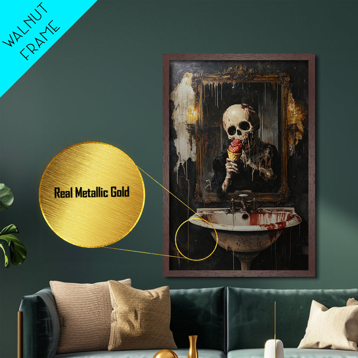 Skeleton Eating Ice Cream Metallic Gold Art, Creepy Gothic Metal Art Wall Hanging, Halloween Horror Artwork in Real Wood Frame