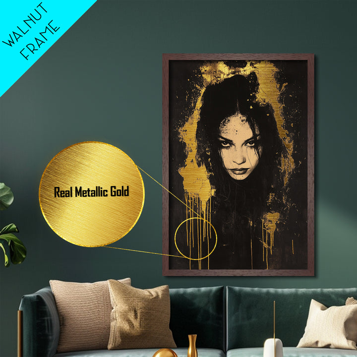Haunted Woman’s Face Metallic Gold Art, Gothic Spooky Metal Art, Halloween Horror Wall Hanging in Real Wood Frame