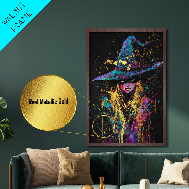 Rainbow Witch Graffiti Art, Metallic Gold Art, Metal Gold Print, Wood Framed Halloween Wall Art
