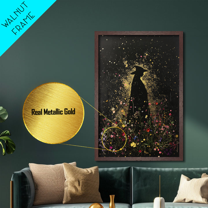 Witchy Garden Silhouette Metallic Gold Art, Spooky Season Wall Decor Metal Art, Framed In Natural Real Wood Gothic Halloween