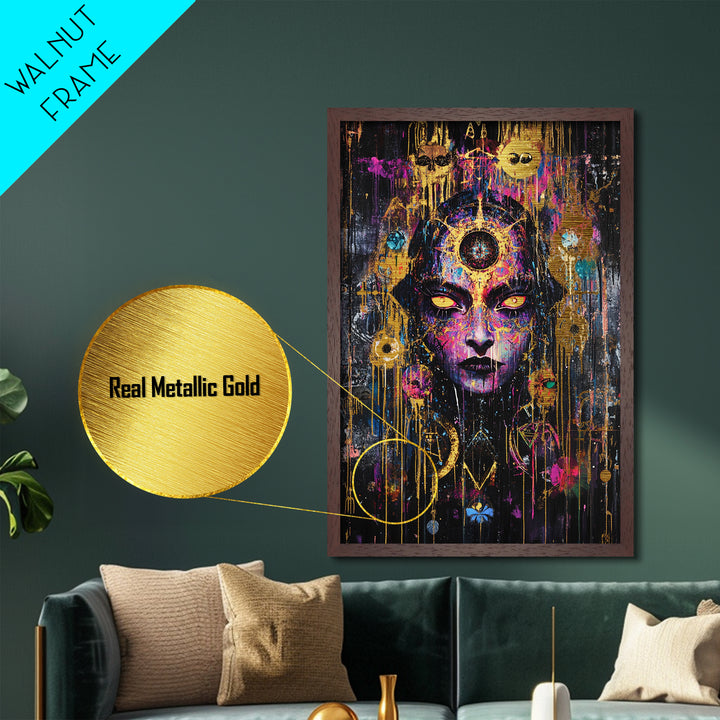 Occult Sorceress Metallic Gold Art, Creepy Psychedelic Face Wall Decor Metal Art, Witchy Halloween Design With Real Wood Frame