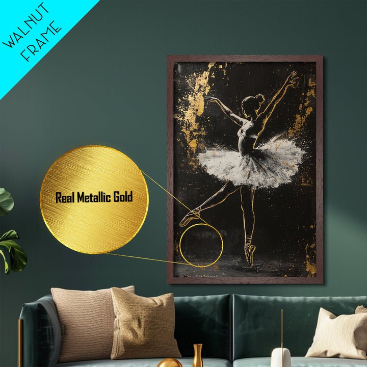Ballerina Of Shadows Metallic Gold Art, Haunted Ballet Metal Art, Gothic Halloween Dance Wall Decor In Real Wood Frame