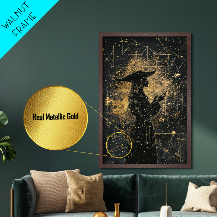 Celestial Witch Metallic Gold Art, Haunted Astrology Wall Decor Metal Art, Spooky Halloween Artwork Framed With Real Wood