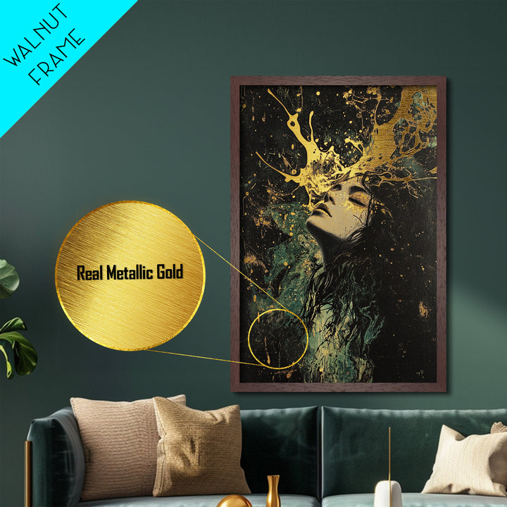 Floral Crown Witch Portrait Metallic Gold Art, Haunted Season Metal Art, Gothic Wall Painting with Natural Wood Frame