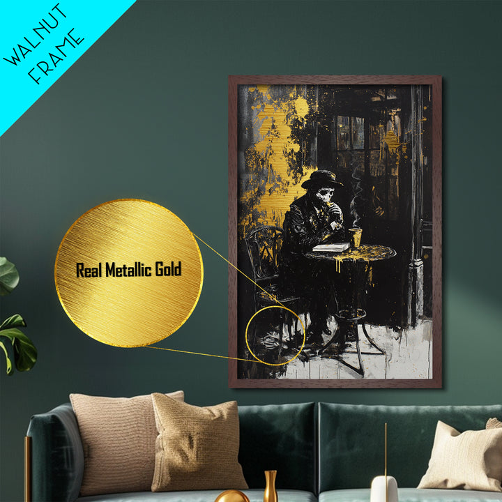Haunted Café Skeleton Metallic Gold Art, Creepy Gothic Coffee Scene Metal Art, Halloween Wall Decor With Real Wood Frame