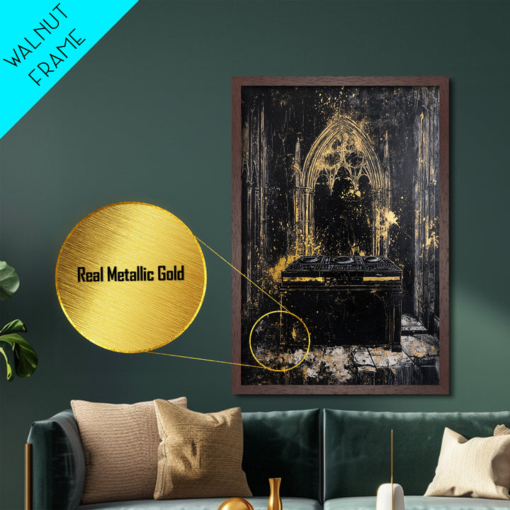 Cathedral DJ Metallic Gold Art, Gothic Haunted Music Scene Metal Art, Spooky Halloween Wall Decor Framed In Real Wood
