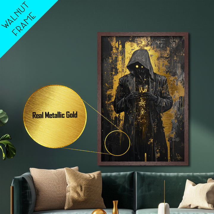 Dark Hooded Figure Metallic Gold Art, Spooky Gothic Horror Portrait Metal Art, Halloween Wall Decor In Real Wood Frame