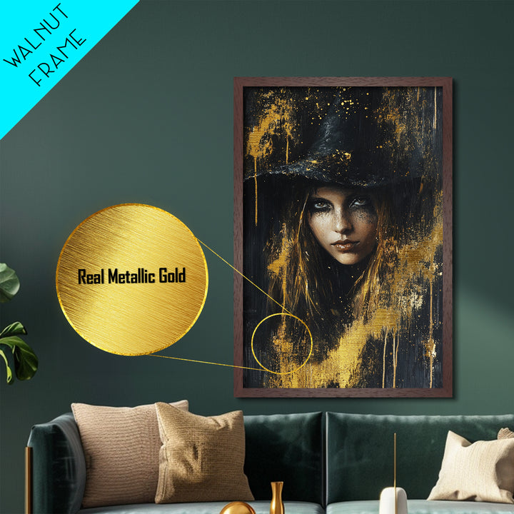 Haunted Golden Witch Metallic Gold Art Metal Art For Halloween Gothic Home Decor With Real Wood Frame