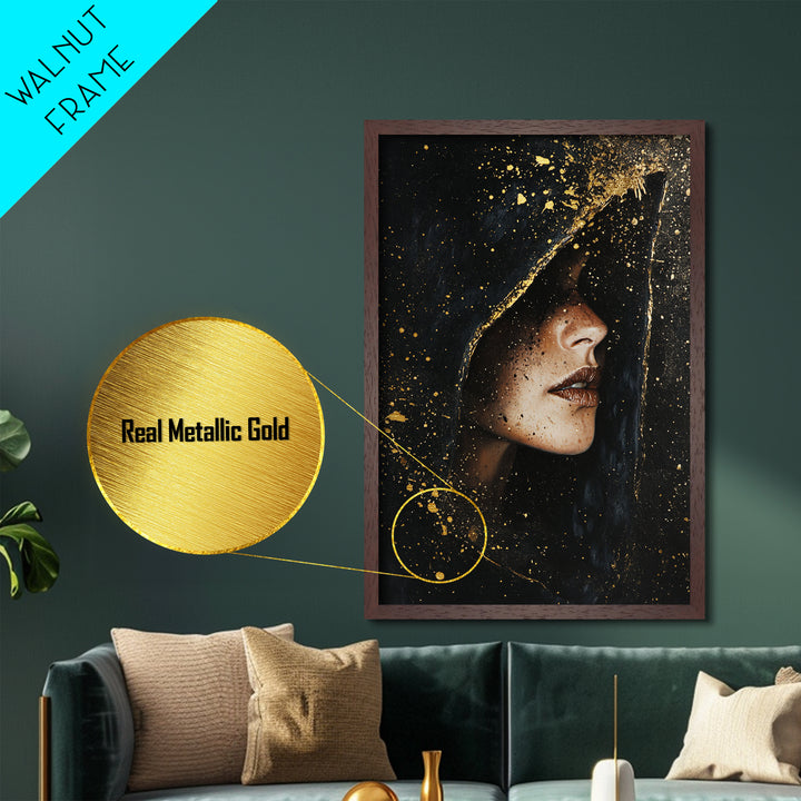Spooky Hooded Sorceress Side Profile Metallic Gold Art Metal Art Gothic Halloween Artwork In A Real Wood Frame