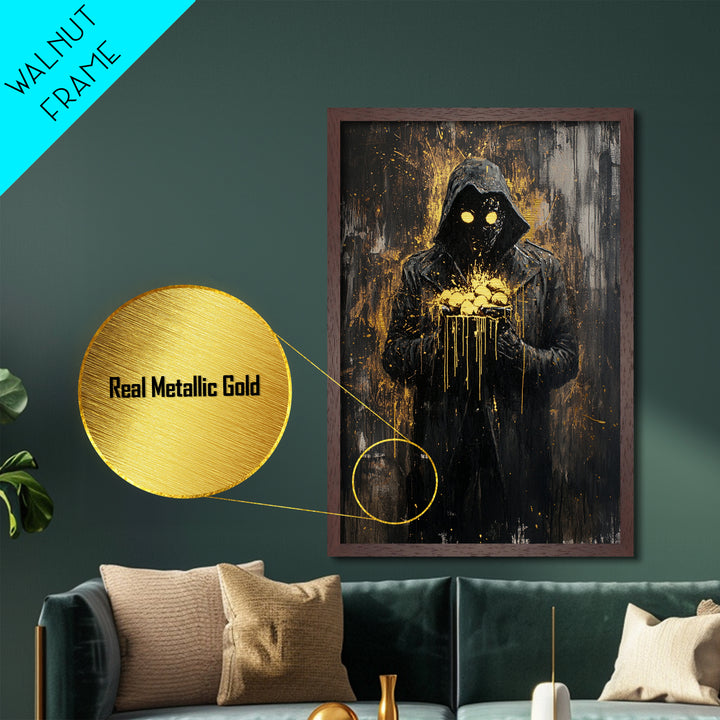 Creepy Hooded Figure Holding Eggs Metallic Gold Art Metal Art Haunted Spooky Season Wall Decor With Natural Wood Frame