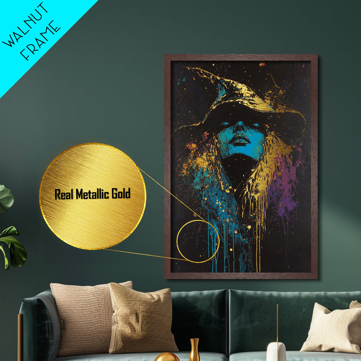 Witch Hat Gothic Glow Metallic Gold Art Metal Art Spooky Halloween Abstract Drip Painting Framed In Real Wood