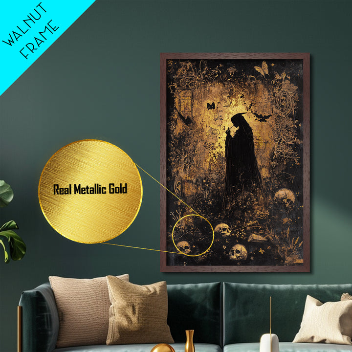 Dark Forest Sorceress Surrounded By Skulls Metallic Gold Art Metal Art Haunted Gothic Style With Real Wood Frame