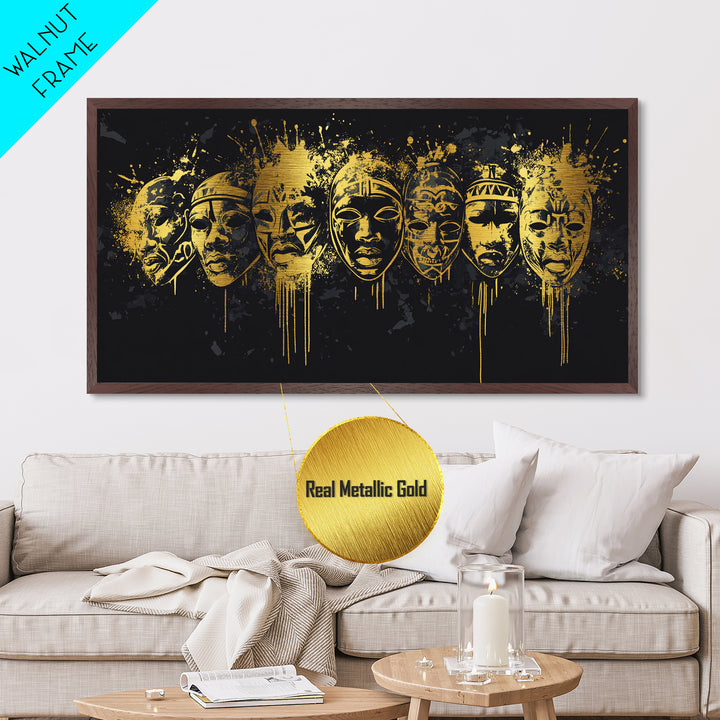 Intricate Regal Mask Metallic Gold Art, Ornate Splatter Metal Print, Real Wood Frame Wall Décor, Dramatic Statement Artwork