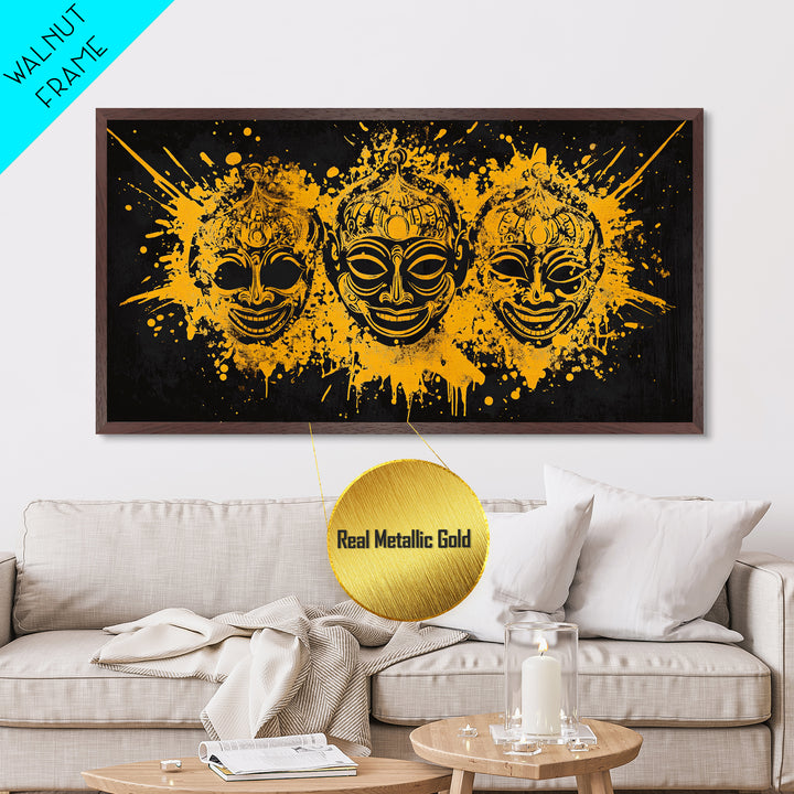 Ancient Warrior Mask Metallic Gold Art, Tribal Splatter Metal Print, Real Wood Frame Wall Décor, Bold Dramatic Statement Art
