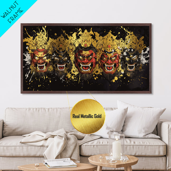 Abstract Mask Metallic Gold Metal Print, Splatter Art On Metal Wall Décor, Real Wood Frame, Gothic Dark Statement Artwork