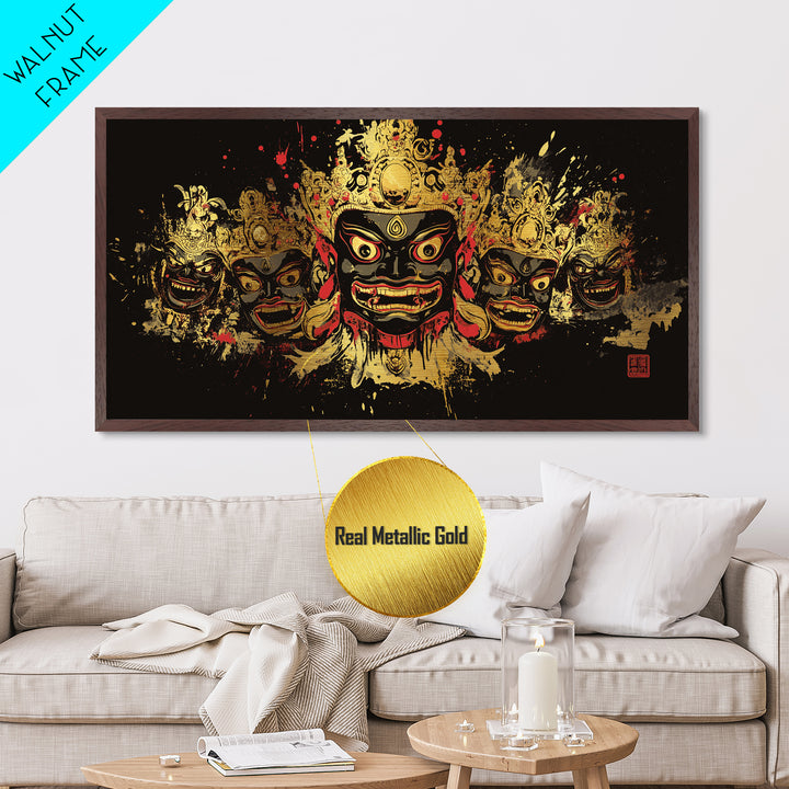African Tribal Mask Metallic Gold Art, Ethnic Splatter Metal Print, Real Wood Frame Wall Décor, Cultural Bold Statement Artwork