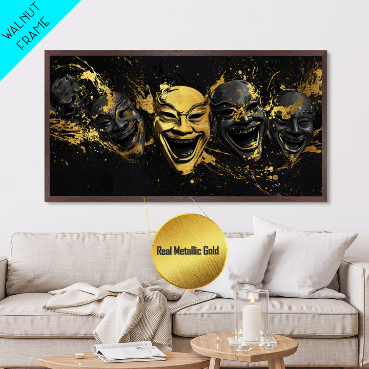Fierce Demon Mask Metallic Gold Metal Print, Splatter Abstract Mask Art On Metal, Real Wood Frame Wall Décor, Bold Gothic Artwork