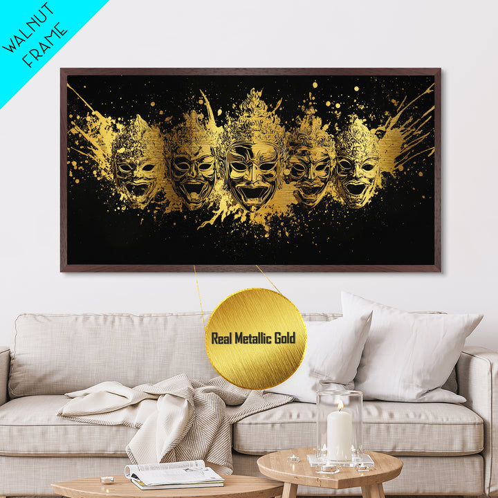 Warrior Mask Set Metallic Gold Art, Splatter Tribal Mask Metal Print, Real Wood Frame Wall Décor, Dramatic Cultural Statement Art