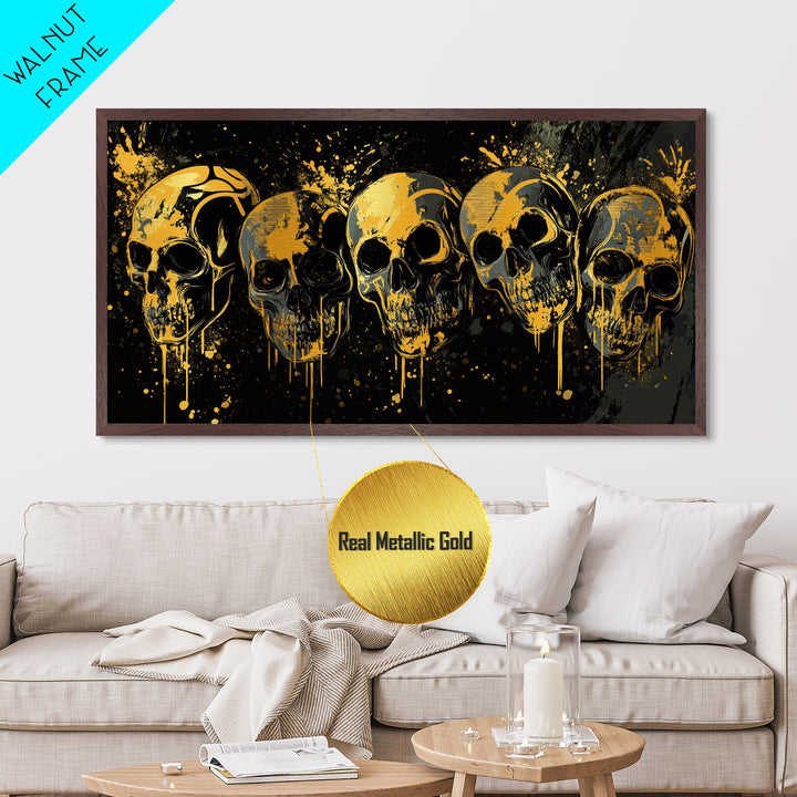 Dark Skull Mask Metallic Gold Metal Print, Splatter Gothic Art On Metal, Real Wood Frame Wall Décor, Macabre Dramatic Wall Artwork