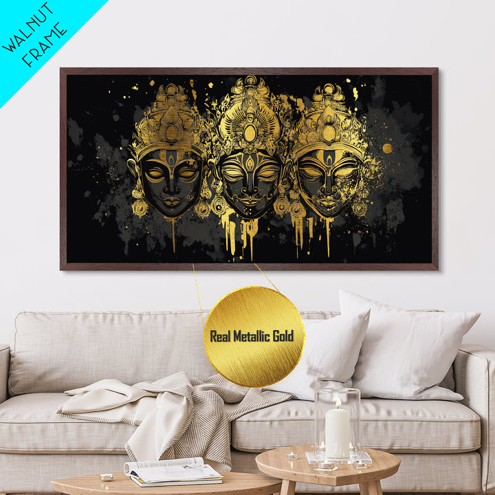 Ornate Demon Mask Metallic Gold Metal Print, Splatter Tribal Art On Metal, Real Wood Frame Wall Décor, Fierce Gothic Statement Artwork