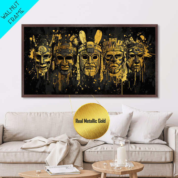 Mythical Demon Mask Metallic Gold Art, Splatter Fierce Mask Metal Print, Real Wood Frame Wall Décor, Bold Dramatic Statement Artwork