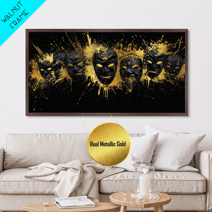 Fiery Demon Mask Metallic Gold Metal Print, Ornate Splatter Mask Art On Metal, Real Wood Frame Wall Décor, Bold Cultural Wall Artwork