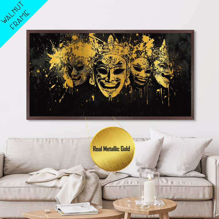 Regal Mask Set Metallic Gold Art, Splatter Tribal Demon Mask Metal Print, Real Wood Frame Wall Décor, Bold Fierce Statement Artwork