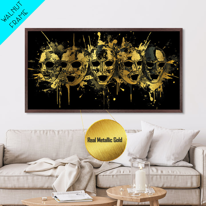 Theatrical Comedy Mask Metallic Gold Metal Print, Splatter Dramatic Art On Metal, Real Wood Frame Wall Décor, Gothic Statement Artwork