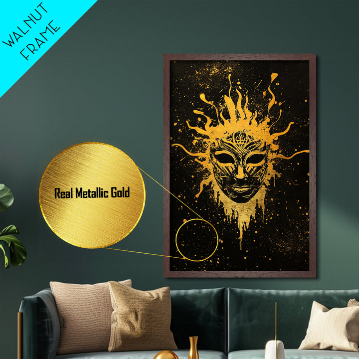 Mystical Tribal Mask Metallic Gold Metal Print, Abstract Face Art, Splatter Style Wall Decor, Real Wood Frame