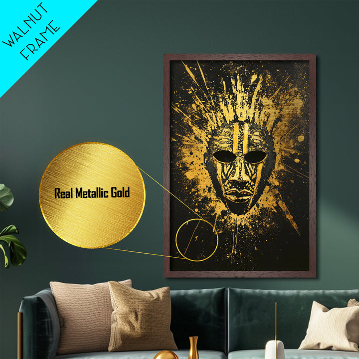 Sacred Tribal Mask Metallic Gold Metal Print, Modern Ethnic Face Art, Spiritual Wall Decor, Real Wood Frame