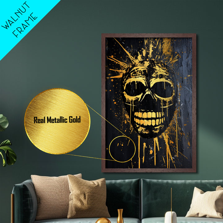 Golden Skull Mask Metallic Gold Metal Print, Dark Gothic Face Art, Horror Splatter Wall Decor, Real Wood Frame