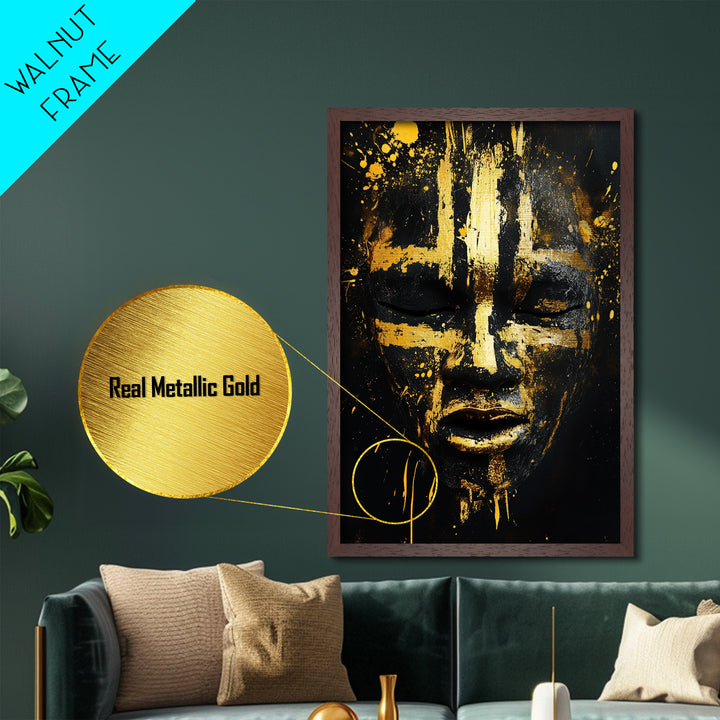 Abstract Painted Mask Metallic Gold Metal Print, Tribal Face Art, Bold Modern Wall Decor, Real Wood Frame