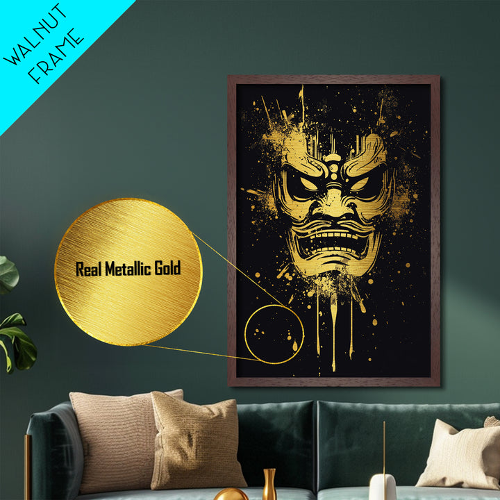 Samurai Oni Mask Metallic Gold Metal Print, Japanese Demon Face Art, Splatter Ink Wall Decor, Real Wood Frame