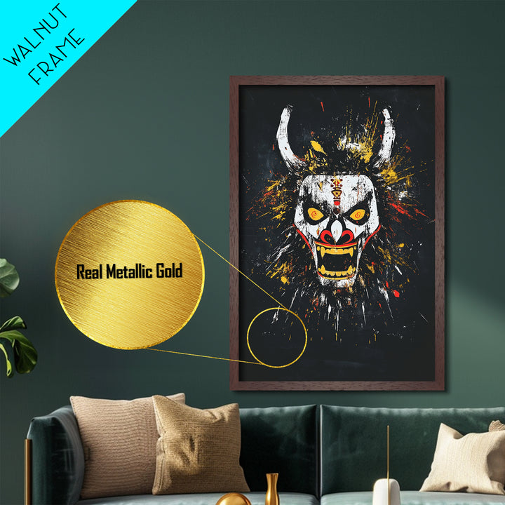 Fiery Demon Mask Metallic Gold Metal Print, Japanese Oni Face Art, Tribal Splatter Style Wall Decor, Real Wood Frame