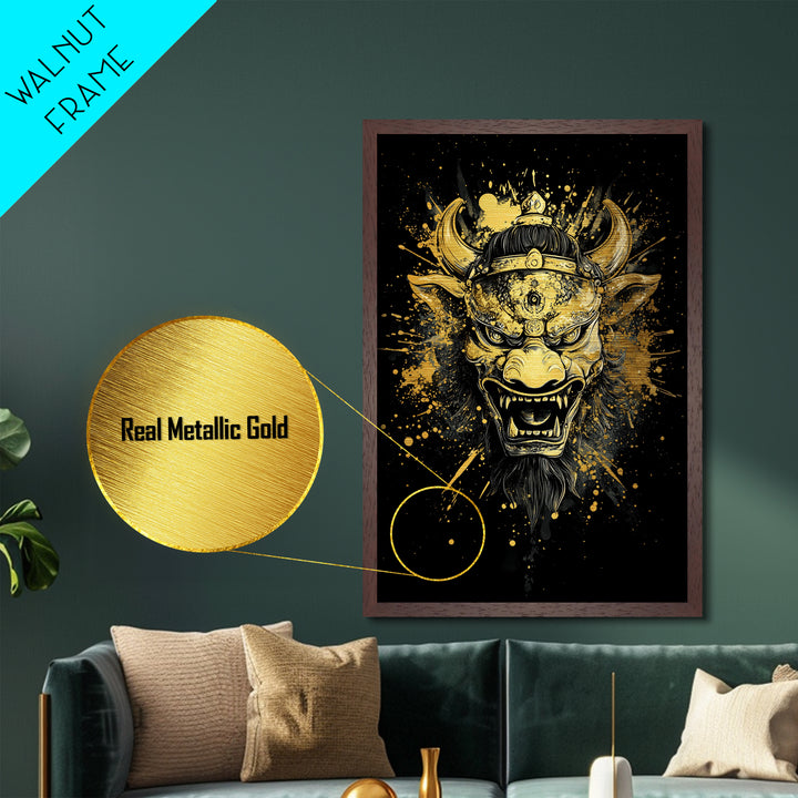Fierce Demon Mask Metallic Gold Metal Print, Mythical Beast Face Art, Splatter Style Wall Decor, Real Wood Frame