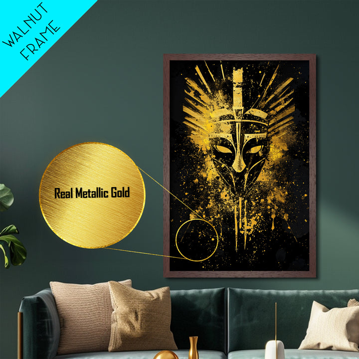 Ancient Warrior Mask Metallic Gold Metal Print, Bold Tribal Face Art, Splatter Ink Wall Decor, Real Wood Frame