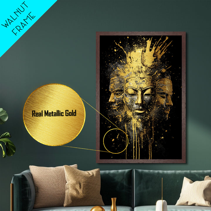 Three Faces Mask Metallic Gold Metal Print, Abstract Spiritual Face Art, Splatter Style Wall Decor, Real Wood Frame