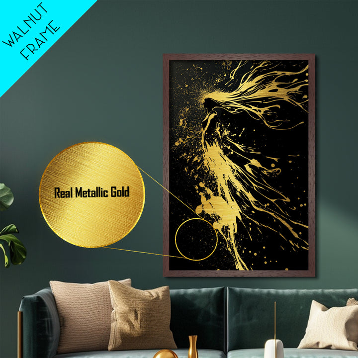 Golden Spirit Woman Metallic Gold Art, Flowing Abstract Female Silhouette, Modern Splatter Wall Decor, Real Wood Frame